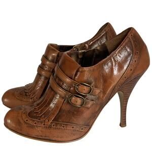 Vintage Enzo Angiolini Brown Leather Fringe Heels Double Buckle Pumps Size 7M